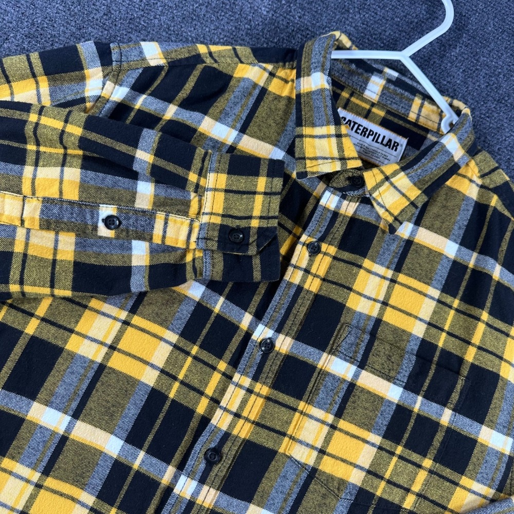Caterpillar Flannel Shirt Mens L Large Yellow Black Plaid Long Sleeve Button Up